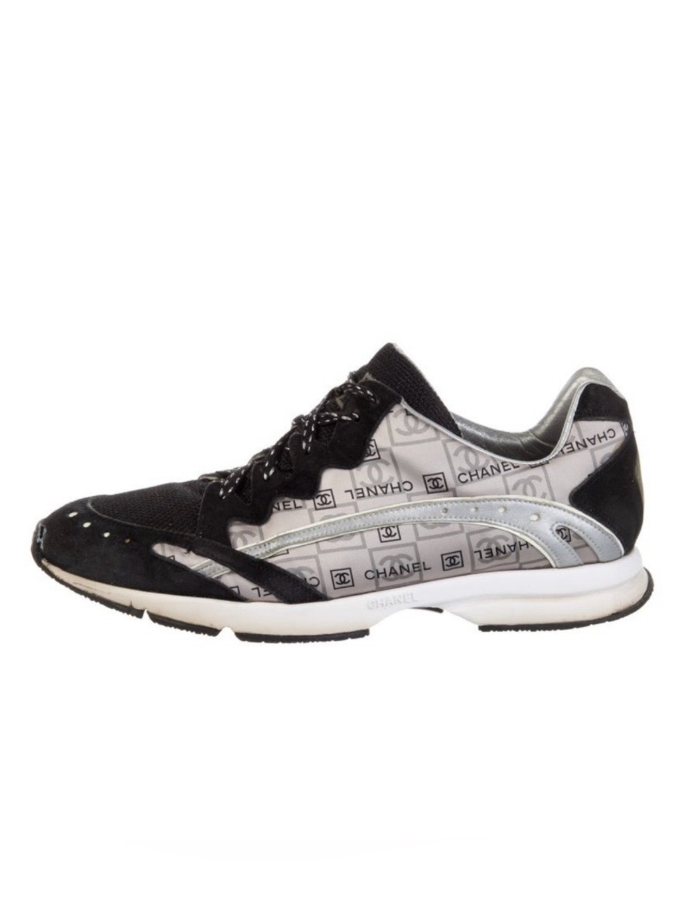 CHANEL Black & Silver Logo-Print Sneakers. Sz 39/9. Comes with dustbag